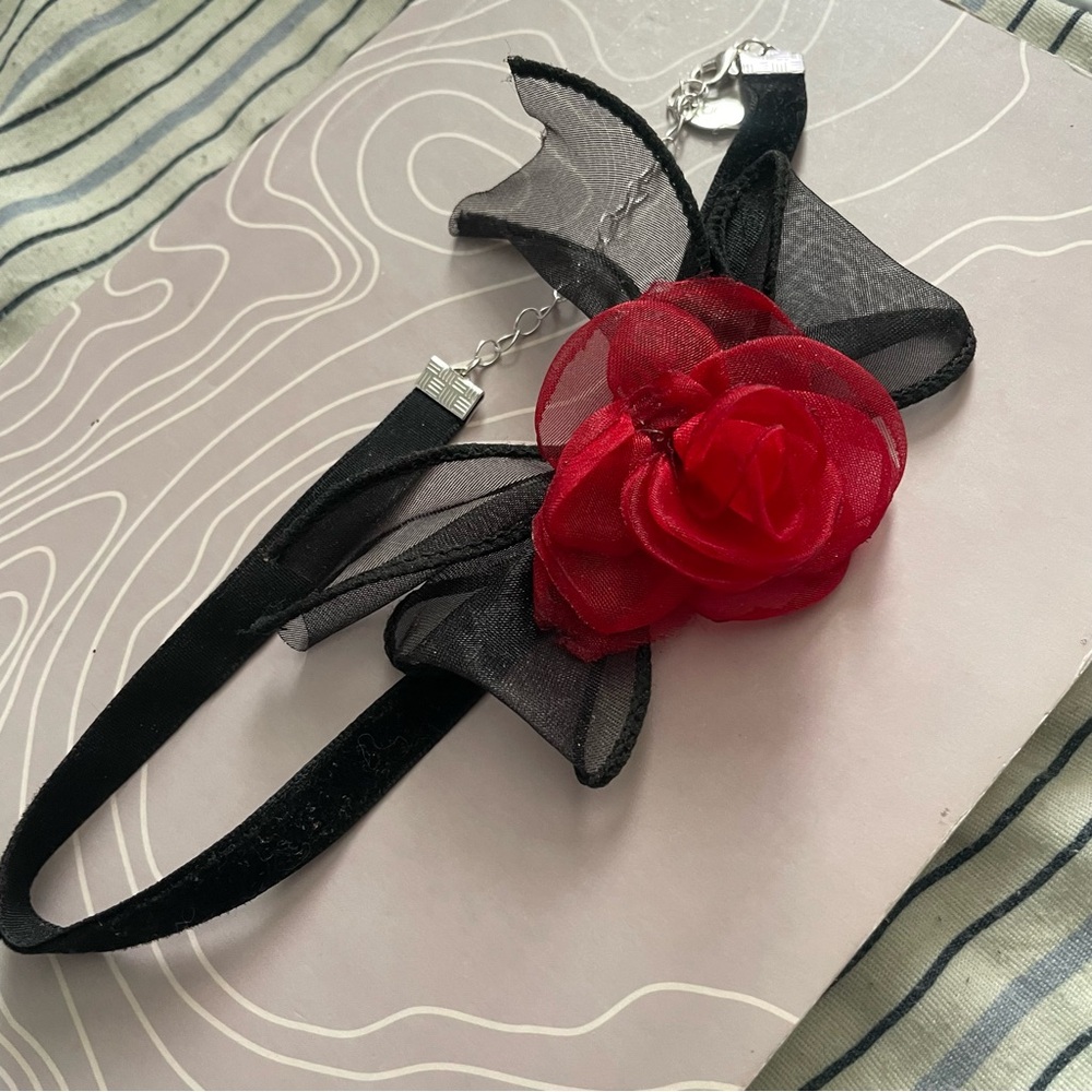 Icing Black Velvet Choker Necklace with Red Fabric Rose